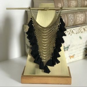 Gold Bib Statement Necklace with Black Tassels